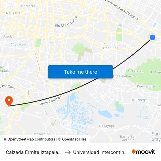 Calzada Ermita Iztapalapa - Niños Heroes to Universidad Intercontinental Campus Sur map