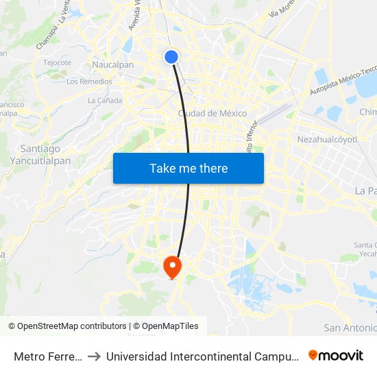 Metro Ferrería to Universidad Intercontinental Campus Sur map