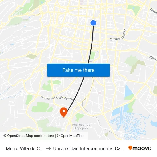 Metro Villa de Cortés to Universidad Intercontinental Campus Sur map
