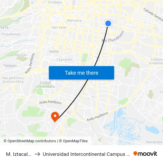 M. Iztacalco to Universidad Intercontinental Campus Sur map