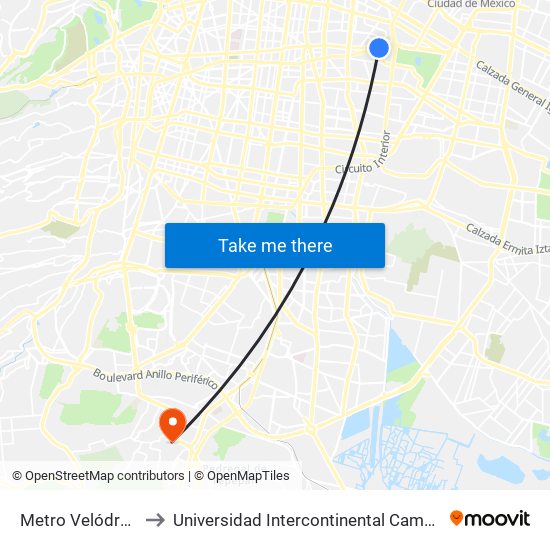 Metro Velódromo to Universidad Intercontinental Campus Sur map