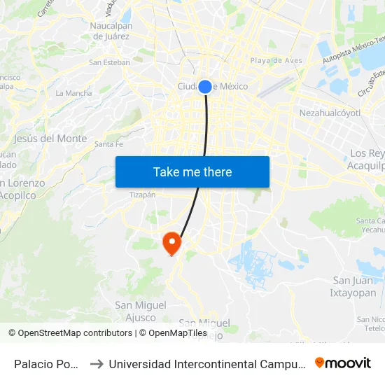 Palacio Postal to Universidad Intercontinental Campus Sur map