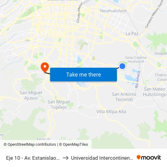 Eje 10 - Av. Estanislao Ramírez Ruíz to Universidad Intercontinental Campus Sur map