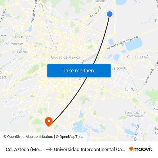 Cd. Azteca (Mexibús) to Universidad Intercontinental Campus Sur map