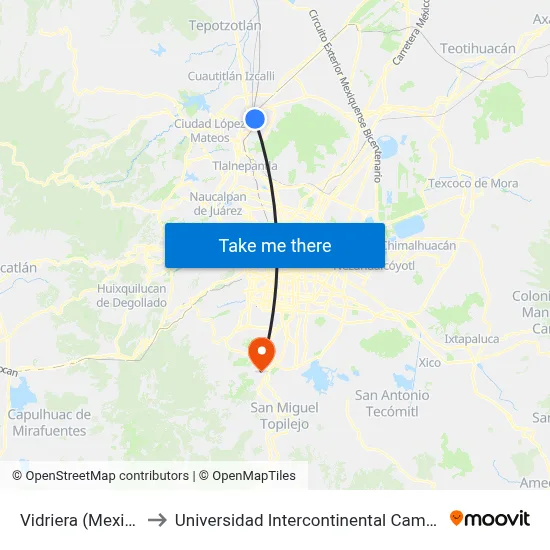 Vidriera (Mexibús) to Universidad Intercontinental Campus Sur map