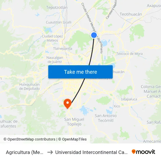 Agricultura (Mexibús) to Universidad Intercontinental Campus Sur map