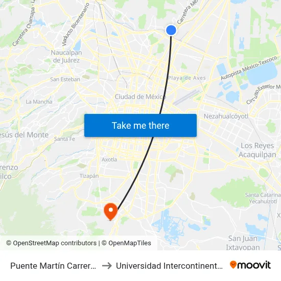 Puente Martín Carrera (Mexibús) to Universidad Intercontinental Campus Sur map