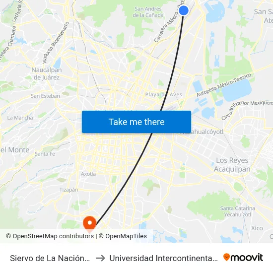Siervo de La Nación (Mexibús) to Universidad Intercontinental Campus Sur map