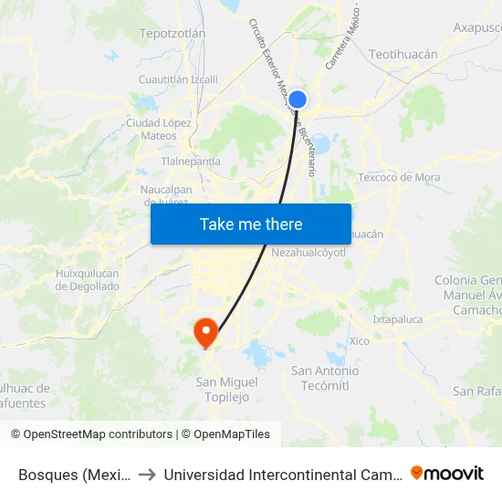 Bosques (Mexibús) to Universidad Intercontinental Campus Sur map