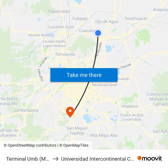 Terminal Umb (Mexibús) to Universidad Intercontinental Campus Sur map