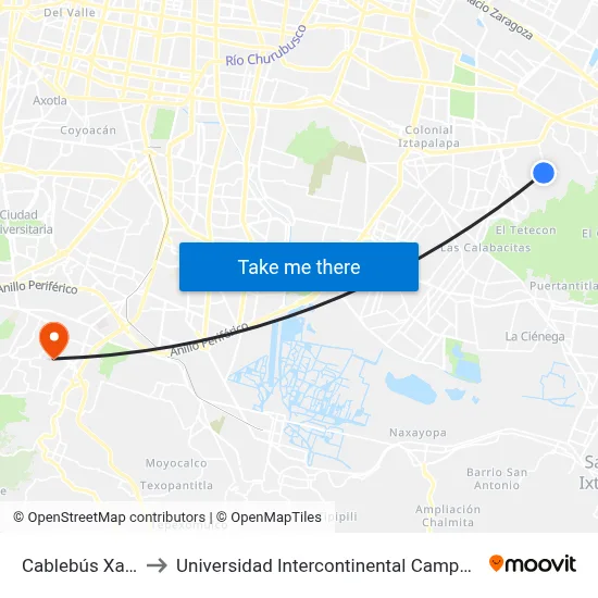 Cablebús Xalpa to Universidad Intercontinental Campus Sur map