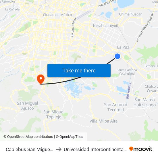 Cablebús San Miguel Teotongo to Universidad Intercontinental Campus Sur map