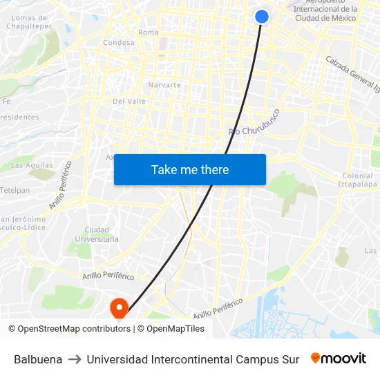 Balbuena to Universidad Intercontinental Campus Sur map