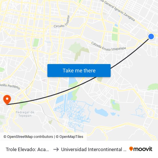 Trole Elevado: Acahualtepec to Universidad Intercontinental Campus Sur map