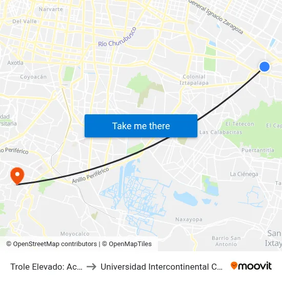 Trole Elevado: Acatitlán to Universidad Intercontinental Campus Sur map