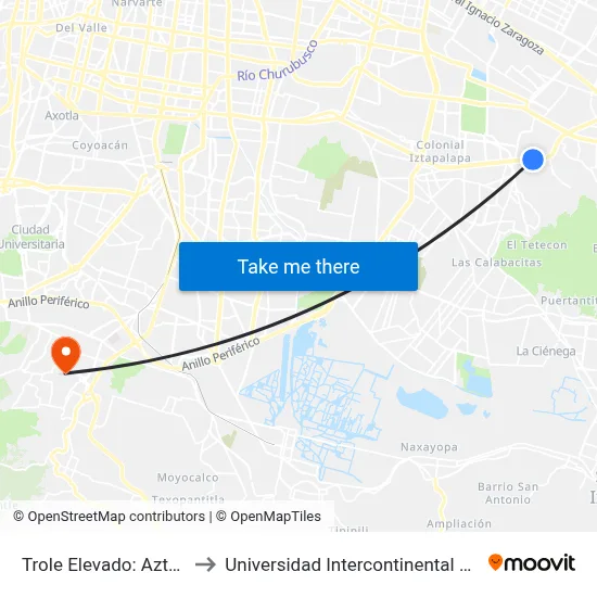 Trole Elevado: Aztahuacán to Universidad Intercontinental Campus Sur map