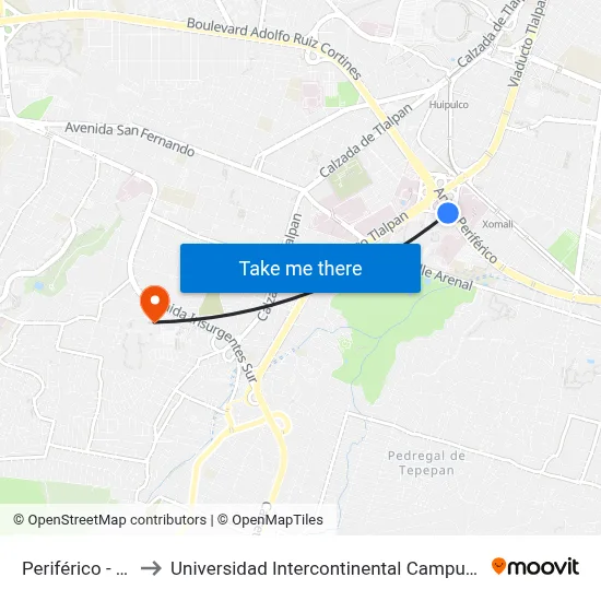 Periférico - Ine to Universidad Intercontinental Campus Sur map