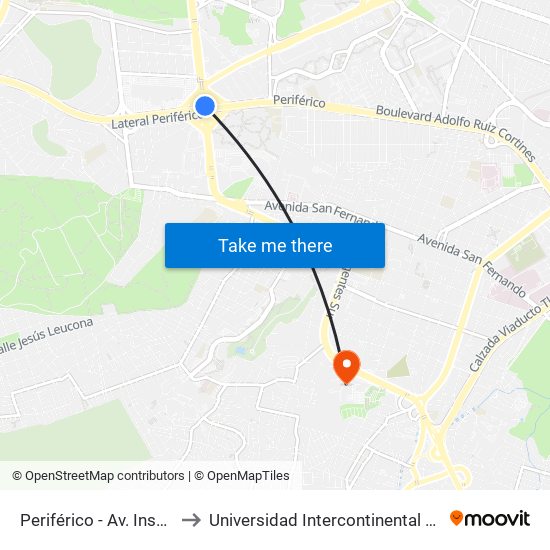Periférico - Av. Insurgentes to Universidad Intercontinental Campus Sur map