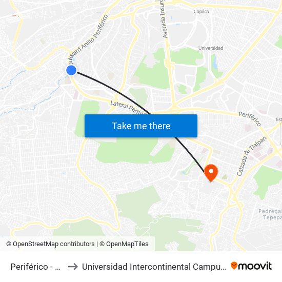Periférico - Pfp to Universidad Intercontinental Campus Sur map