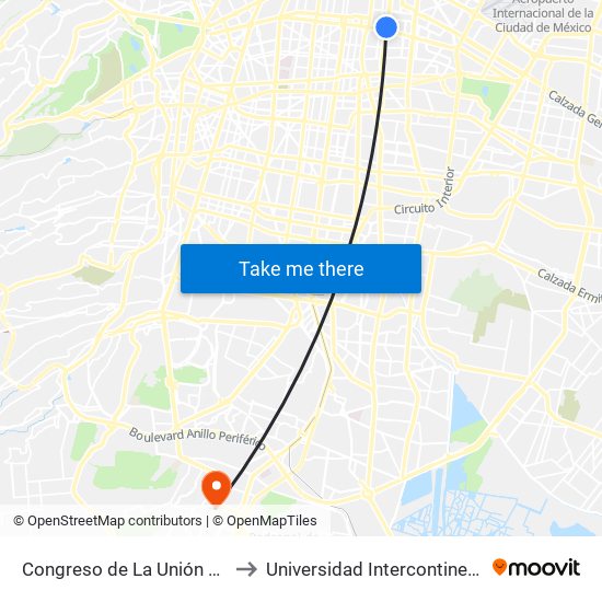 Congreso de La Unión Y Fray Servando to Universidad Intercontinental Campus Sur map