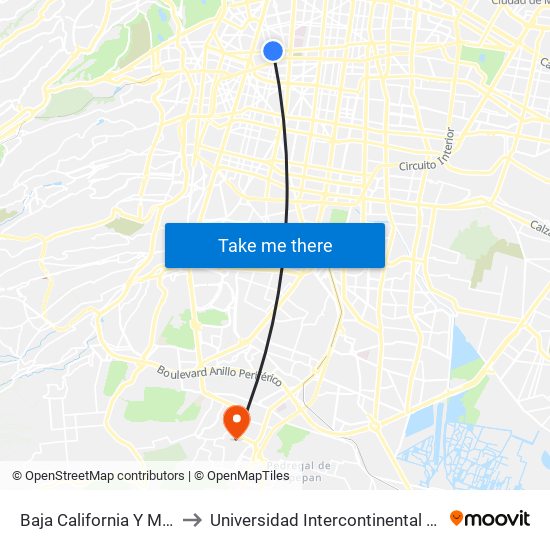 Baja California Y Monterrey to Universidad Intercontinental Campus Sur map