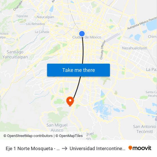Eje 1 Norte Mosqueta - Metro Guerrero to Universidad Intercontinental Campus Sur map