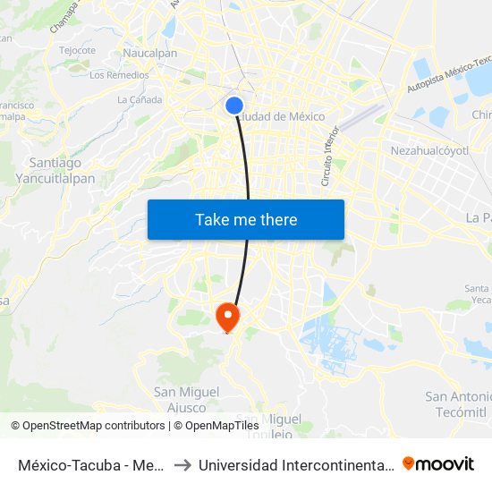 México-Tacuba - Metro Normal to Universidad Intercontinental Campus Sur map