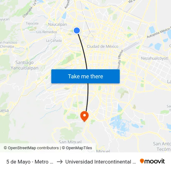 5 de Mayo - Metro Refineria to Universidad Intercontinental Campus Sur map
