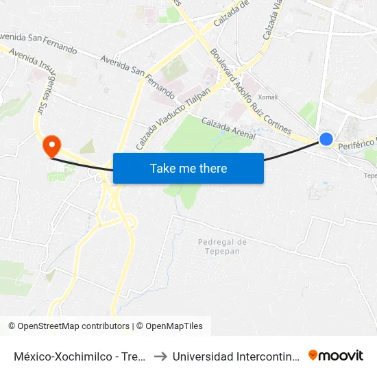 México-Xochimilco - Tren Ligero Periférico to Universidad Intercontinental Campus Sur map