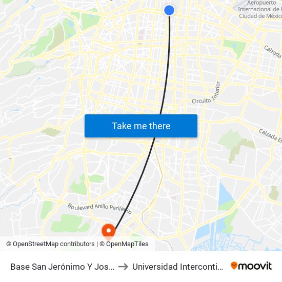 Base San Jerónimo Y José María Pino Suárez to Universidad Intercontinental Campus Sur map