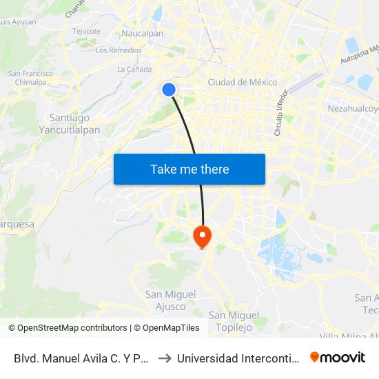Blvd. Manuel Avila C. Y Paseo de Las Palmas to Universidad Intercontinental Campus Sur map