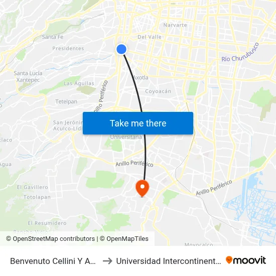 Benvenuto Cellini Y Av. Revolución to Universidad Intercontinental Campus Sur map