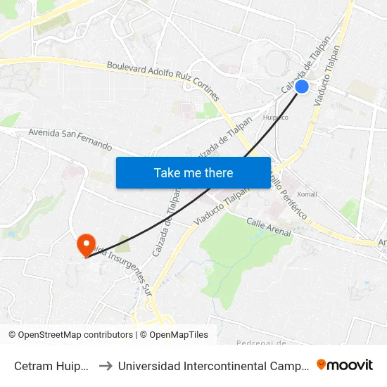 Cetram Huipulco to Universidad Intercontinental Campus Sur map