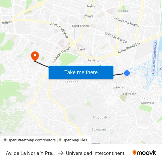 Av. de La Noria Y Preparatoria 1 to Universidad Intercontinental Campus Sur map