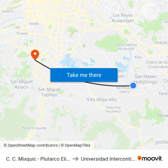 C. C. Mixquic - Plutarco Elias Calles Y Río Ameca to Universidad Intercontinental Campus Sur map
