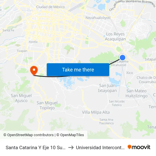 Santa Catarina Y Eje 10 Sur - Hospital Psiquiatrico to Universidad Intercontinental Campus Sur map