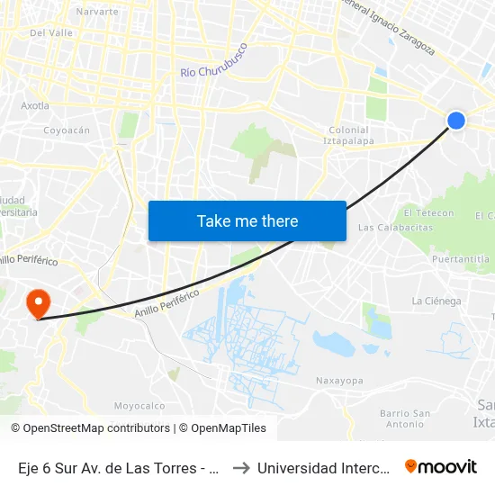 Eje 6 Sur Av. de Las Torres - Eje 8 Sur Calz. Ermita Iztapalapa to Universidad Intercontinental Campus Sur map