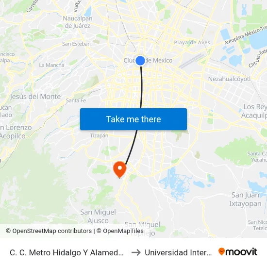 C. C. Metro Hidalgo Y Alameda Central - Valerio Trujano Y Av. Hidalgo to Universidad Intercontinental Campus Sur map