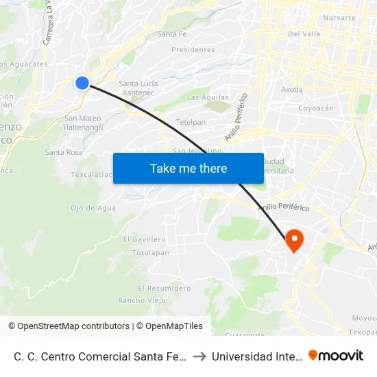 C. C. Centro Comercial Santa Fe - Av. Vasco de Quiroga Y Juan Salvador Agraz to Universidad Intercontinental Campus Sur map