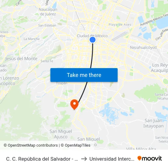 C. C. República del Salvador - José María Pino Suarez Y Mesones to Universidad Intercontinental Campus Sur map