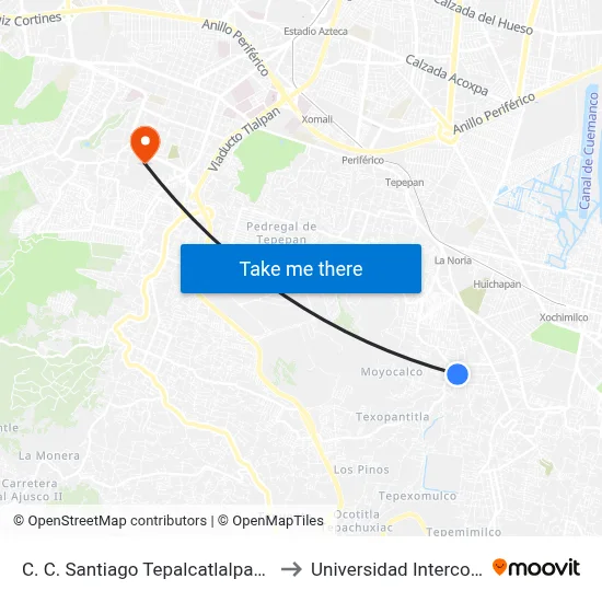 C. C. Santiago Tepalcatlalpan - Emiliano Zapata Y 2 de Abril to Universidad Intercontinental Campus Sur map