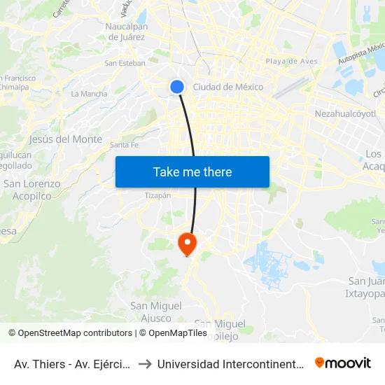 Av. Thiers - Av. Ejército Nacional to Universidad Intercontinental Campus Sur map