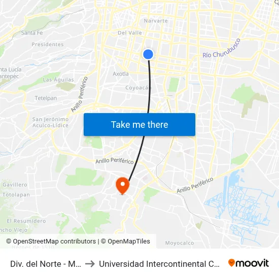 Div. del Norte - M. Libre to Universidad Intercontinental Campus Sur map