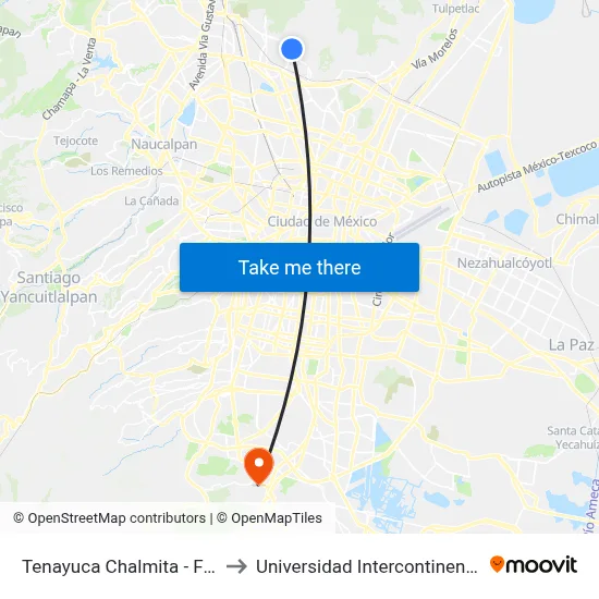 Tenayuca Chalmita - Francisco Villa to Universidad Intercontinental Campus Sur map