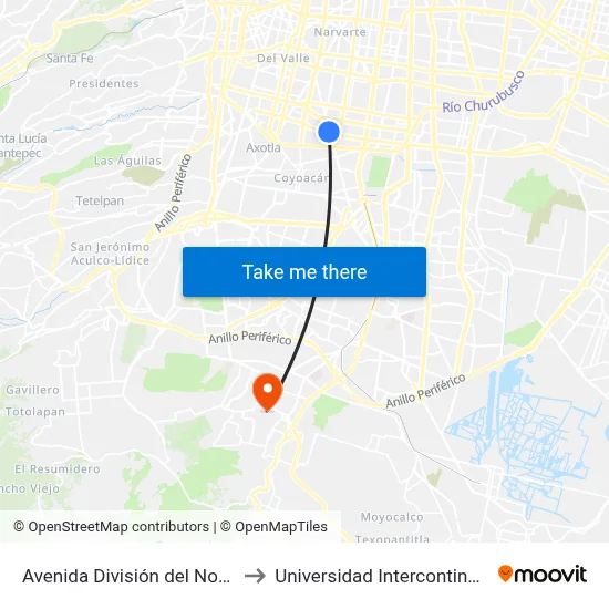 Avenida División del Norte- Popocatepetl to Universidad Intercontinental Campus Sur map