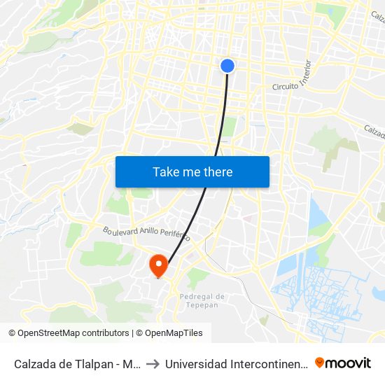 Calzada de Tlalpan - Metro Nativitas to Universidad Intercontinental Campus Sur map