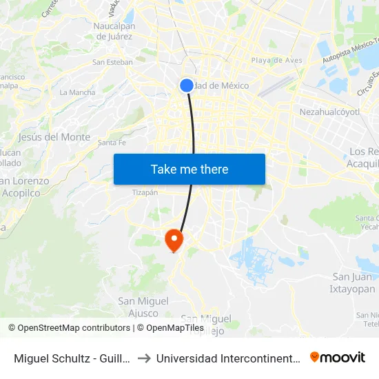 Miguel Schultz - Guillermo Prieto to Universidad Intercontinental Campus Sur map