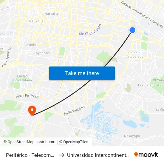 Periférico - Telecomunicaciones to Universidad Intercontinental Campus Sur map