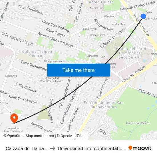 Calzada de Tlalpan, 4465 to Universidad Intercontinental Campus Sur map