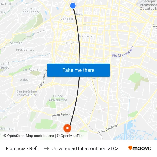 Florencia - Reforma to Universidad Intercontinental Campus Sur map